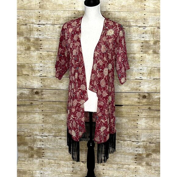 LULAROE SIZE SMALL FLORAL & FRINGE BOHO HIPPIE CASUAL ARTSIE OPEN FRONT KIMONO - Picture 1 of 4